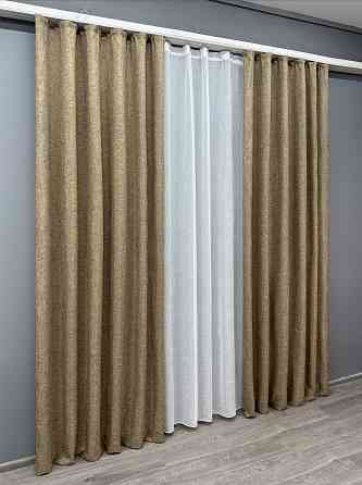 Комплект штор VR-Textil Лен Мешковина 150х270 2шт и Тюль 600х270 1768ш-115т Миндальный с белым 71-052/5 Киев