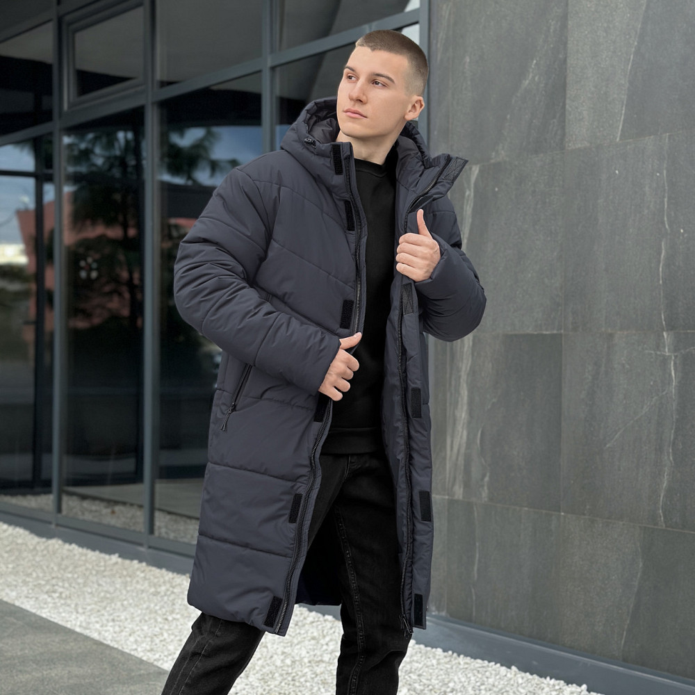 Парка зимова чоловіча куртка подовжена тепла з капюшоном Pobedov Legas темно-сіра Одеса - фото 4