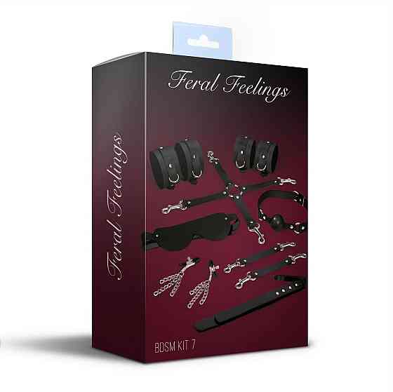Набір Feral Feelings BDSM Kit 7 Black, наручники, поножі, конектор, маска, падл, кляп, затискачі Sex Aura Київ