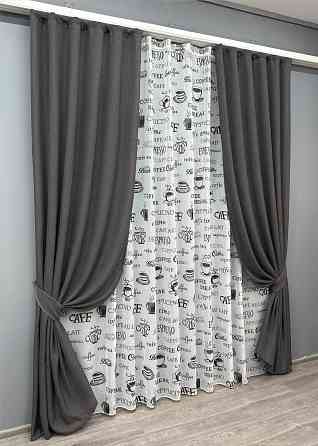 Комплект штор VR-Textil Льон Мішковина 200х270 2шт і Тюль 500х270 1140ш-1791т Графітовий з білим 71-064/6 Київ