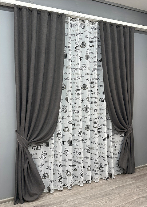 Комплект штор VR-Textil Льон Мішковина 200х270 2шт і Тюль 500х270 1140ш-1791т Графітовий з білим 71-064/6 Київ - фото 2