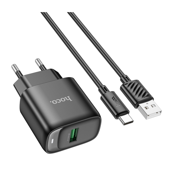 Мережевий зарядний пристрій з кабелем HOCO C140A Smart single port QC3.0 charger set(Type-C)(EU) Black Одеса