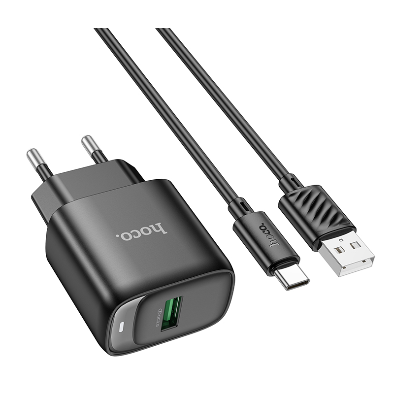 Сетевое зарядное устройство с кабелем HOCO C140A Smart single port QC3.0 charger set(Type-C)(EU) Black Одесса - изображение 1