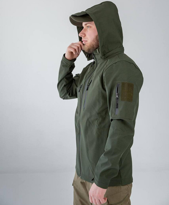 Мужская тактическая демисезонная куртка Soft Shell с капюшоном (Оливковый) 3XL Киев - изображение 6