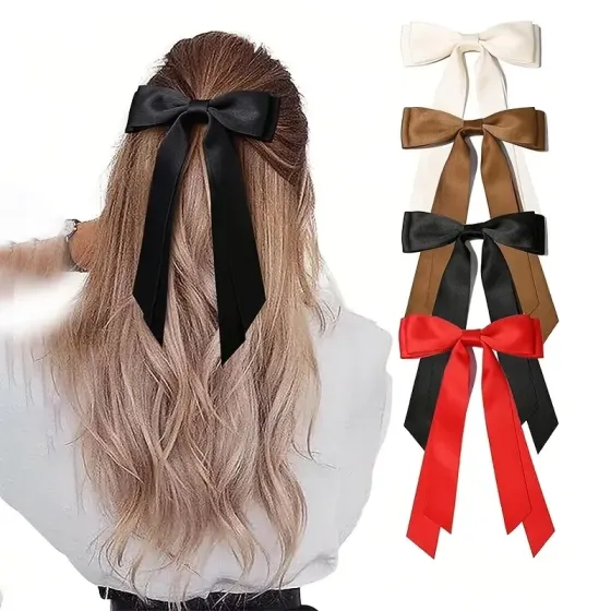 Набор заколок-бантов для волос 4 шт – большие атласные банты на металлической заколке-автомат, 21×12 см Киев