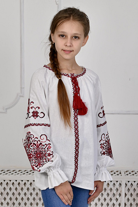 Вышиванка для девочки Бохо лен с длинным рукавом в белом. Сумы - изображение 1