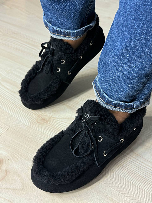 Ботинки женские Hengji 992-1 замшевые мокасины на меху с опушкой черные, 36, 23 см Киев - изображение 14