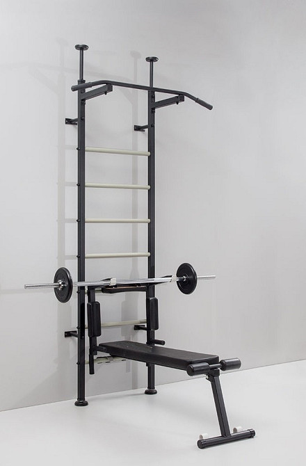 Шведская стенка для взрослых и детей металлическая черная с турником брусьями крепление под штангу лавка Каменское - изображение 5