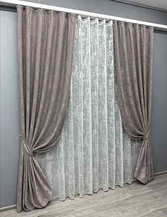 Комплект штор VR-Textil Жаккард Мрамор 150х270 2шт и Тюль 400х270 1210ш-1400т Серо-пудровый с белым 71-007/3 Киев