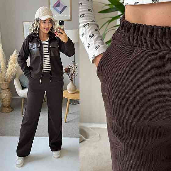 Женский стильный костюм двойка: кофта и штаны вельвет на плотном флисе Шоколадный, 42/44 Одесса