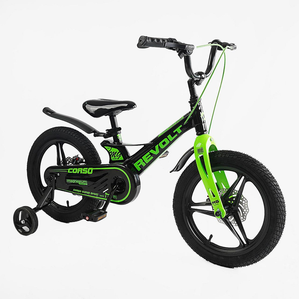 Велосипед 2-х колісний CORSO REVOLT 16 дюймів дискові гальма додаткові колеса Чорно-салатовий (MG-16090) Чернігів - фото 1
