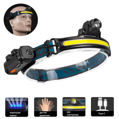 Налобний фонар Bailong BL-W678-1-P50+COB, сенсор, Li-Ion акум. ЗУ Type-C Дніпро
