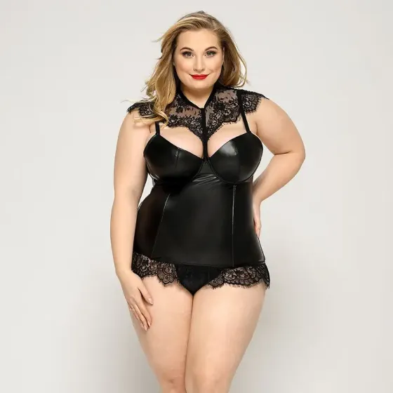 Латексний комплект білизни JSY «Пристрасна Ірис» Plus Size, Black, корсет, стрінги, мереживо Львов