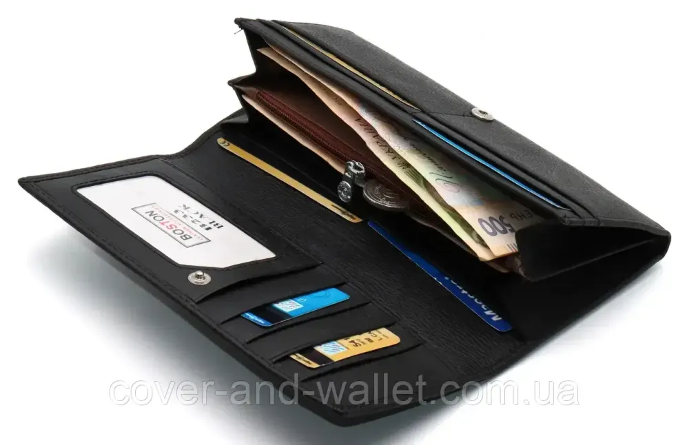 Стильний жіночий шкіряний гаманець на кнопці чорного кольору Boston 233 Київ - фото 1