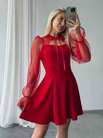 Женское нежное платье с рукавами из сеточки креп дайвинг Красный, 42/44 Одесса