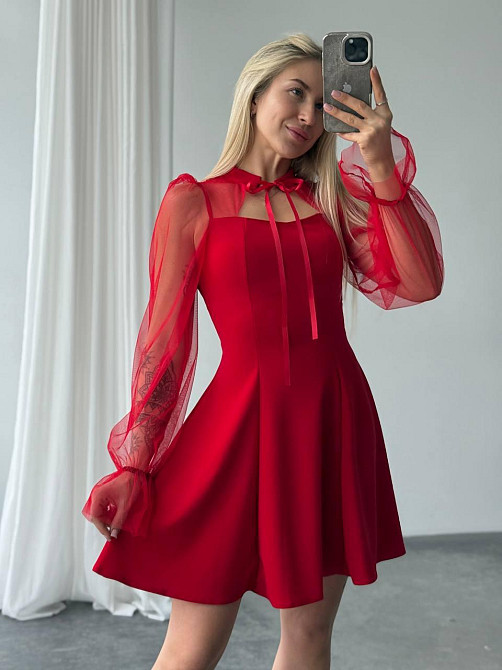 Женское нежное платье с рукавами из сеточки креп дайвинг Красный, 42/44 Одесса - изображение 1