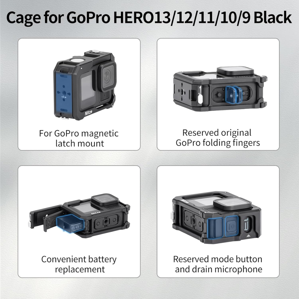 Клітка Nitze T-GP03B для GoPro HERO13/12/11/10/9 Black, алюмінієва, бічна ручка, кнопка затвора, Cold Shoe, 1/4″ Київ - фото 5