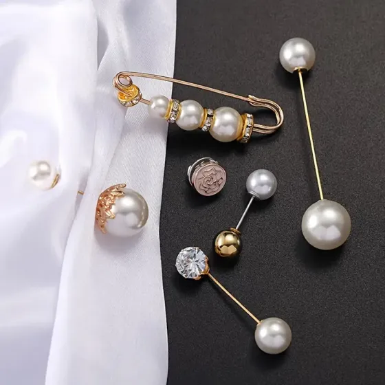 Набір брошок із перлами та кристалами 6 шт – елегантні золотисті аксесуари Київ