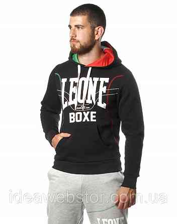 Толстовка чоловіча Leone Fleece Black L чорна спортивна кофта з капюшоном 100% бавовна для тренувань спорту та повсякденного носін Київ