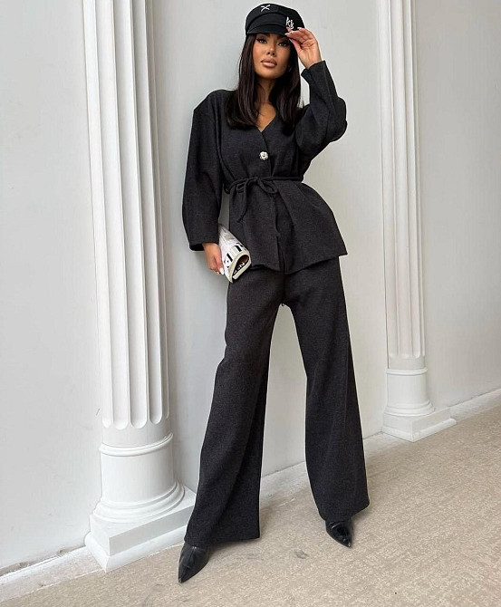 Жіночий стильний теплий костюм-двійка: жакет + штани, шерсть Чорний, 48-52 Одеса - фото 1