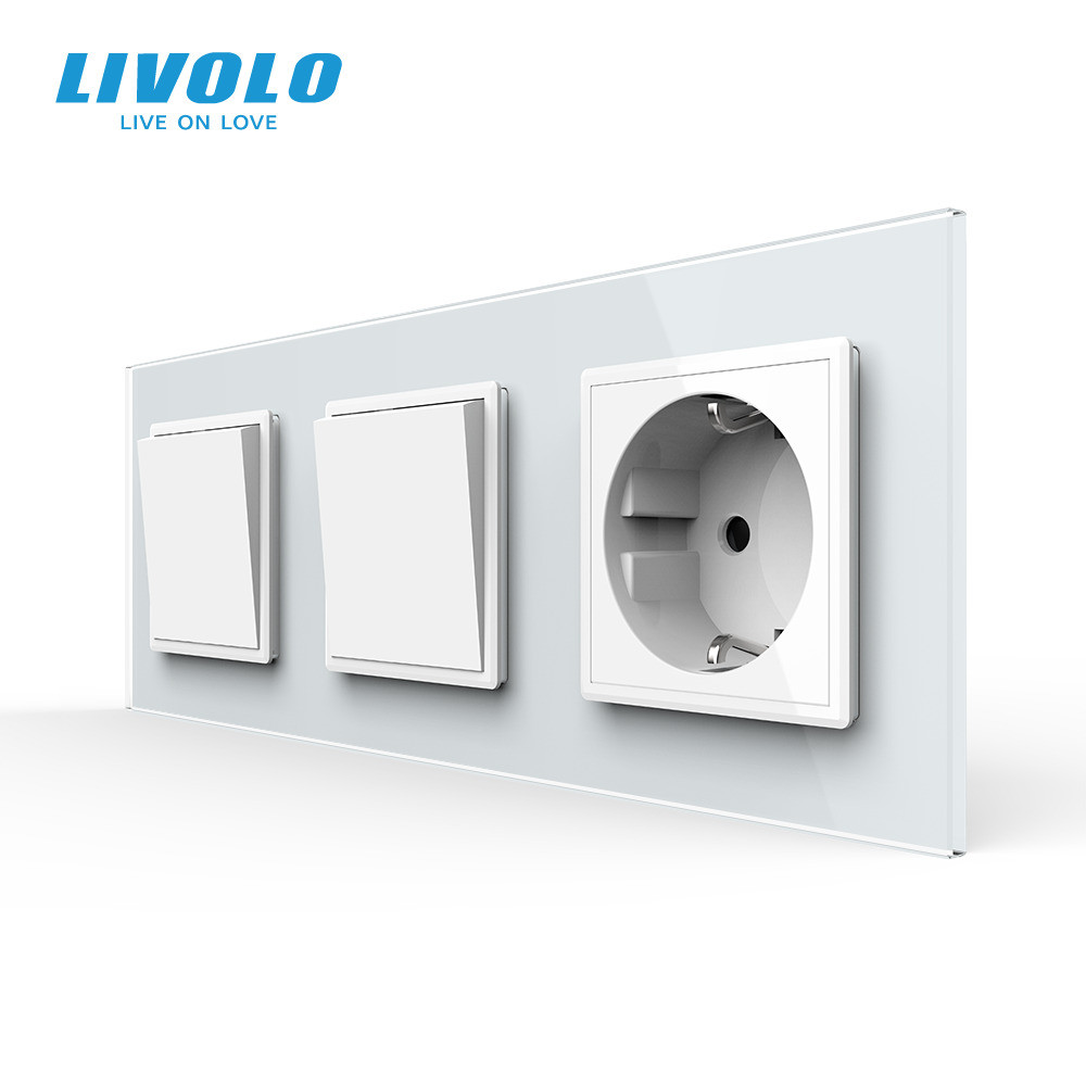 LIVOLO Двоклавішний вимикач (1-1) з розеткою Livolo білий скло (VL-C7K1/K1/FCTC16A-6WP) Коломыя - изображение 1