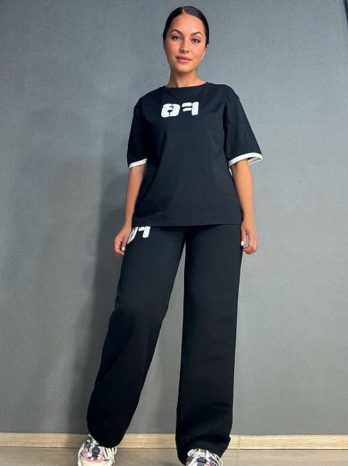 Костюм женский CAPPITONE 101190 оверсайз футболка с нашивкой FG и брюки палаццо на резинке черный, черный, S Киев - изображение 14