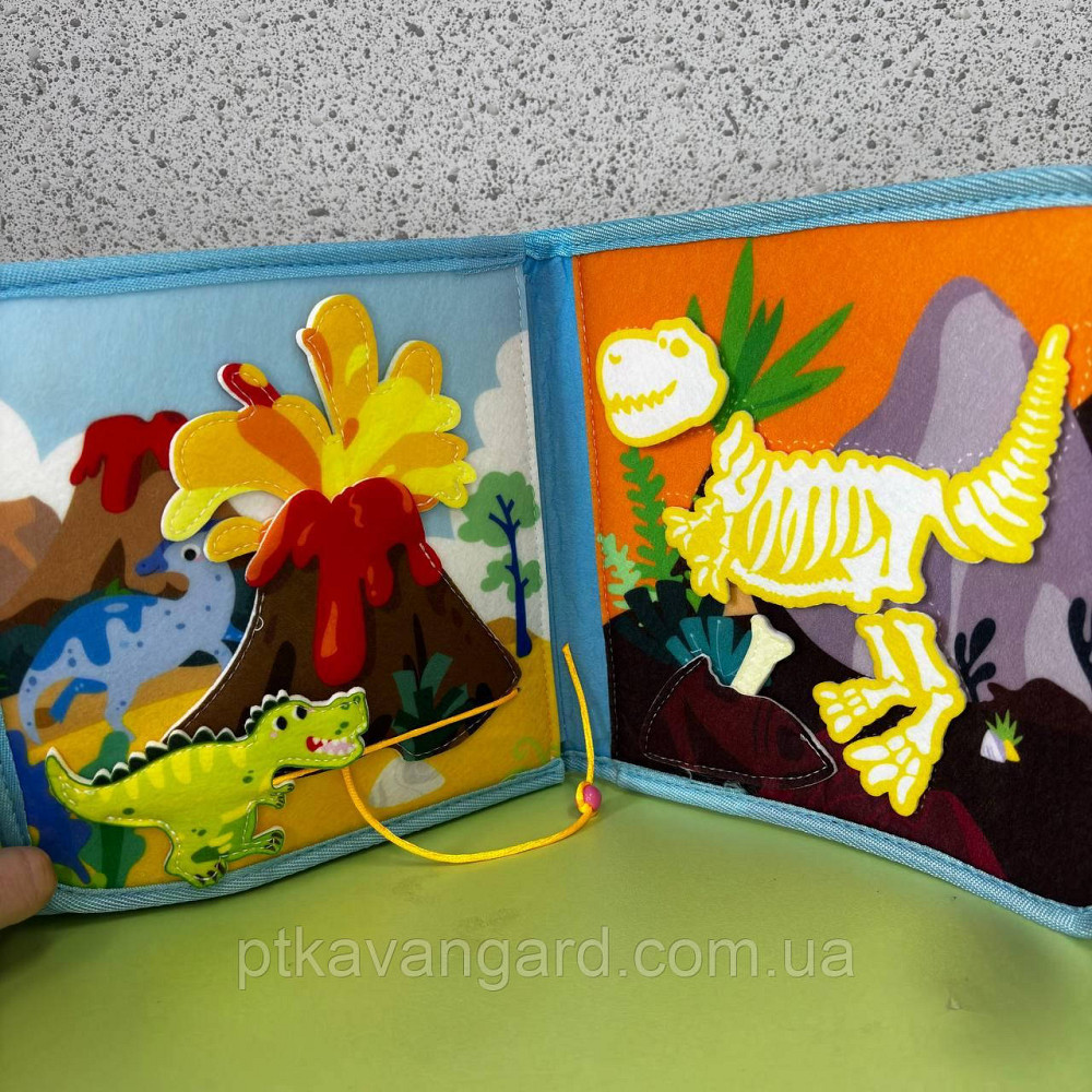Книга-бізіборд фетрова м'яка розвиваюча "Динозаври" на липучках, пальчикові ігри 25009 Хмельницький - фото 4