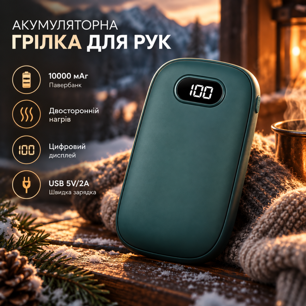 Акумуляторна грілка для рук 10000 мАг із цифровим дисплеєм, павербанк, двосторонній нагрів, USB 5V/2A Київ - фото 1