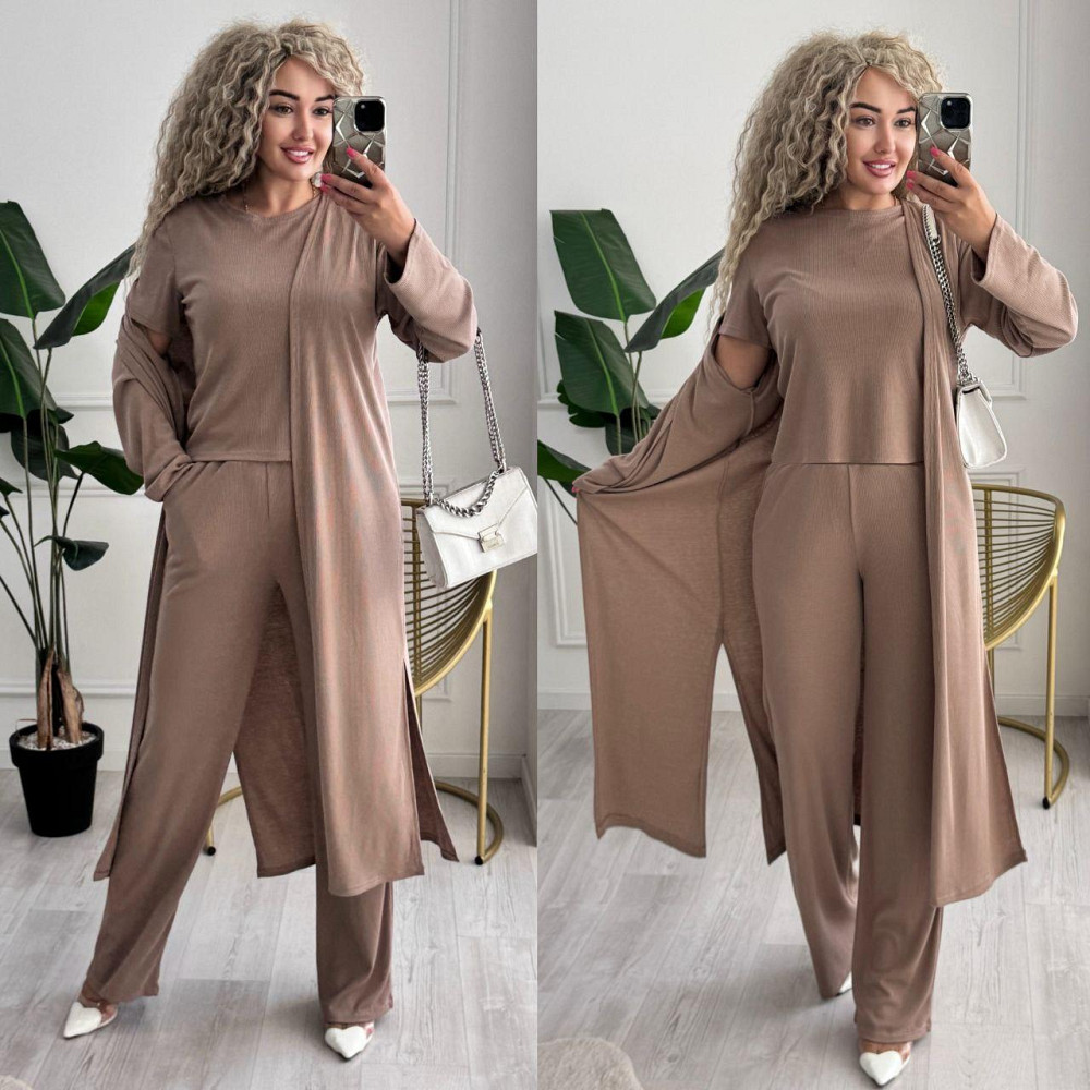 Жіночий базовий прогулянковий костюм трійка: кардиган футболка і штани трикотажний рубчик Одеса - фото 1