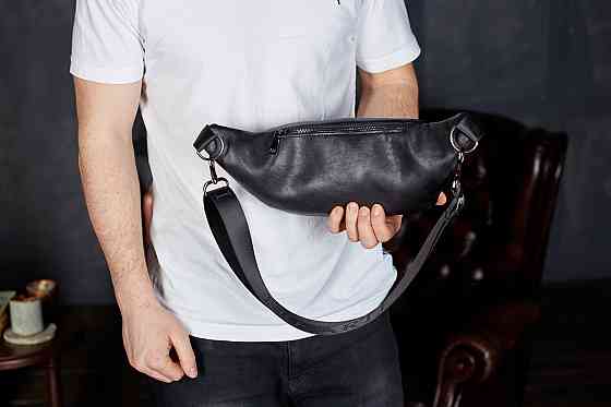 Поясная сумка-бананка Tiding Bag (11 х 25 х 8 см) из натуральной гладкой кожи Черный Киев
