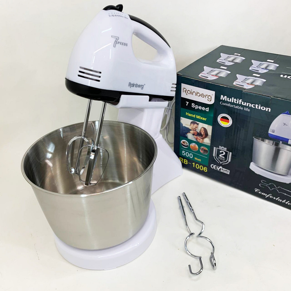 Стаціонарний електричний міксер із чашею Rainberg RB-1006 500W з насадками для замішування тіста Black MA-83 Львів - фото 15
