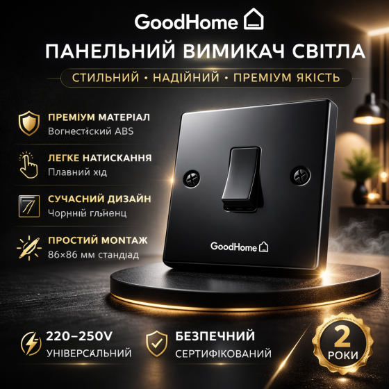 Панельний вимикач світла GoodHome чорний – стильний настінний перемикач преміум якості, сучасний дизайн для дому та офісу Київ