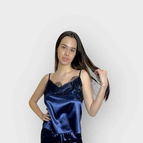 Піжама жіноча атласна з мереживом майка+шорти Темно-синій XS/S Харків