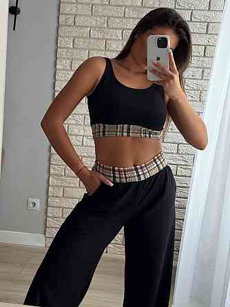 Женский прогулочный костюм тройка: рубашка в клетку топ и штаны фланель + двунитка Бежевый, 46/48 Одесса