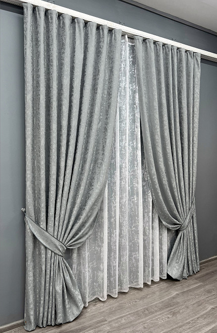 Комплект штор VR-Textil Льон Мармур 200х270 2шт і Тюль 600х270 1911ш-1400т Світло-сірий з білим 71-139/7 Київ - фото 2