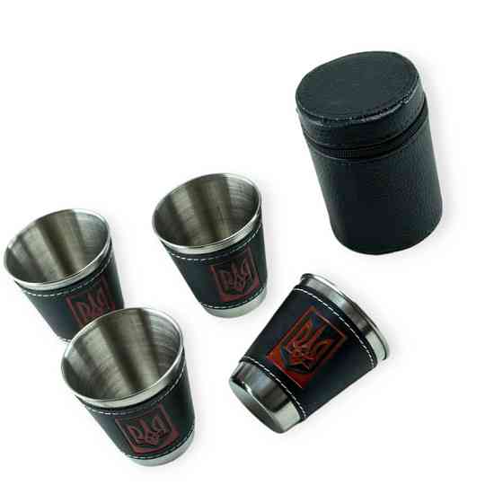 Стакан автомобильный нержавейка 50 мл в кожаном футляре (4шт) с гербом Мукачево