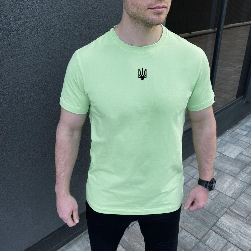 Футболка мужская однотонная светлая зелёная Pobedov Peremoga - Герб чорна вишивка Киев - изображение 1
