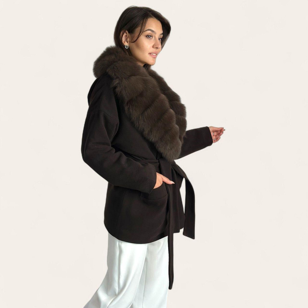 Женское пальто с меховым воротником Шоколадный, 50 Харьков - изображение 5