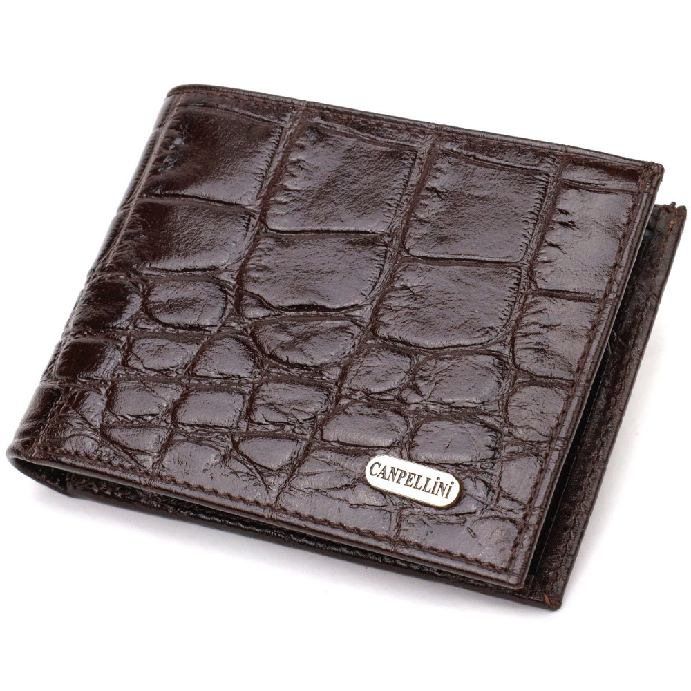 Фактурний чоловічий гаманець для грошей з натуральної шкіри з тисненням під крокодила Коричневий (CANPELLINI) Київ - фото 5