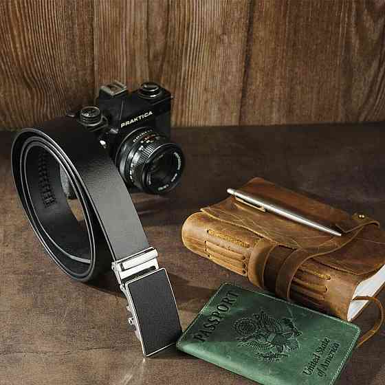 Ремінь чоловічий c сріблястою пряжкою з чорною вставкою Vintage 20328 Чорний Київ