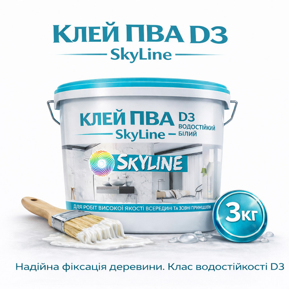 Клей ПВА D3 SkyLine 3 кг професійний столярний підвищеної водостійкості для меблевих робіт, термостійкий до +100°С Харків - фото 1