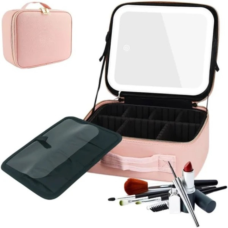 Органайзер для косметики чемодан с зеркалом LED подсветка, 3 режима яркости, дорожный бьюти-кейс Розовый PT Одесса - изображение 2