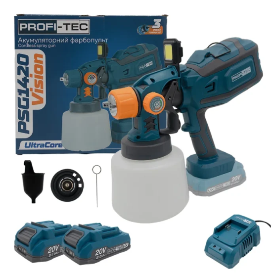 Мощный аккумуляторный краскопульт PROFI-TEC PSG1420 Vision: с АКБ 2шт-20V 2.0Ah, сопло 1,0/1,5/1,8/2,5 мм (008058) Киев