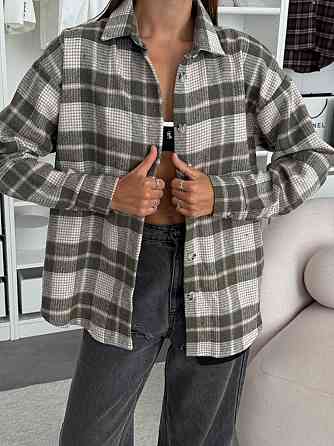 Женская оверсайз рубашка в клетку на пуговицах турецкая фланель-байка 100% хлопок Оливка Одесса