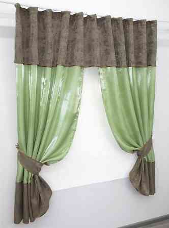 Кухонные шторы VR-Textil № 073к с ламбрекеном и подхватами оливковый со светло-коричневым 270х170 см (52-0389) Киев