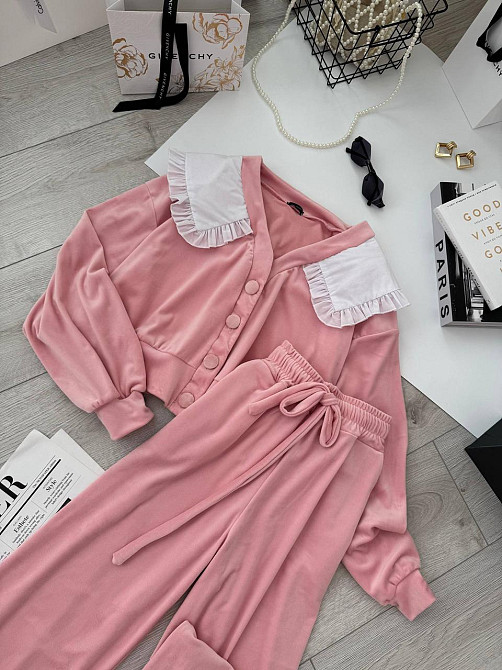 Женский плюшевый костюм двойка: кофта с воротником и штаны велюр Розовый, 46/48 Одесса - изображение 8