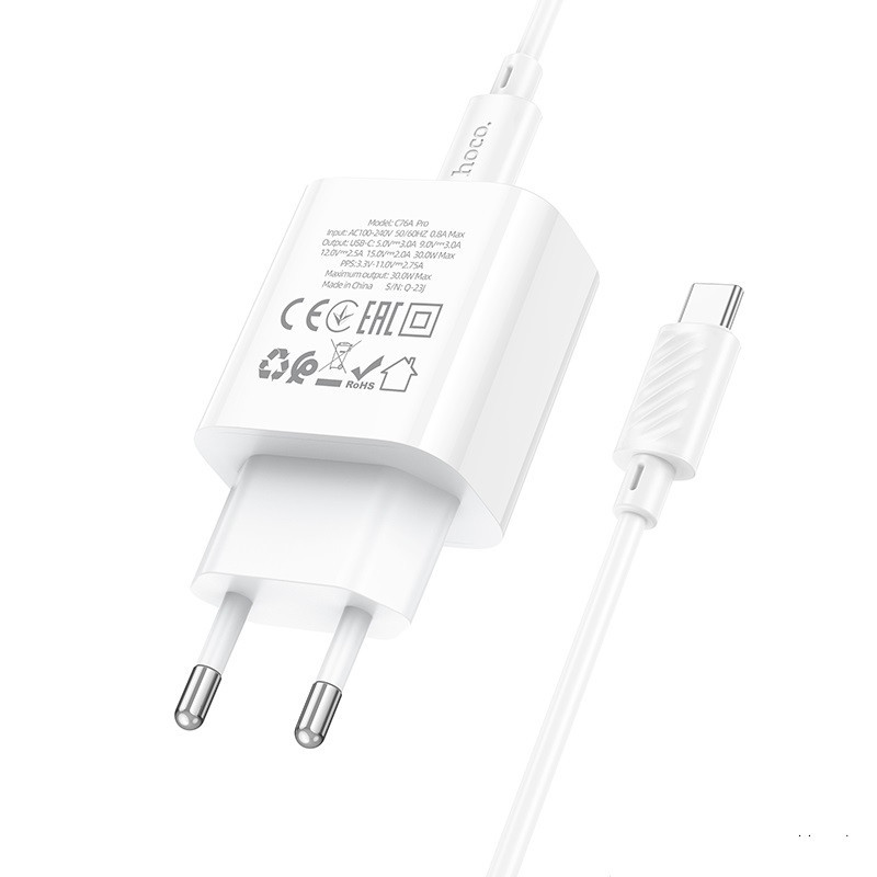 Мережевий зарядний пристрій з кабелем HOCO C76A Pro Majestic single port PD30W charger set (Type-C to Type-C)(EU) White Одеса - фото 6