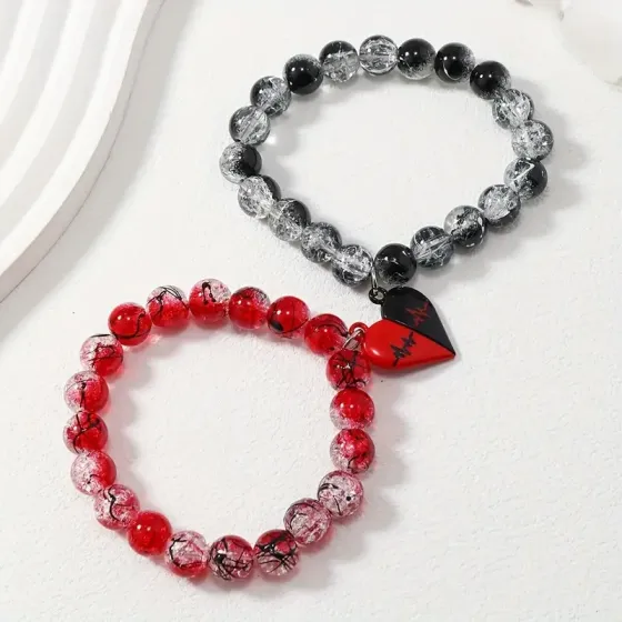 Арные браслеты из стеклянных бусин с эффектом трещинок, подвески «половинки сердца» – красный/черно-серый, 10 Киев