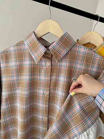 Жіноча стильна оверсайз сорочка в клітинку з акцентними рукавами Капучино Одеса