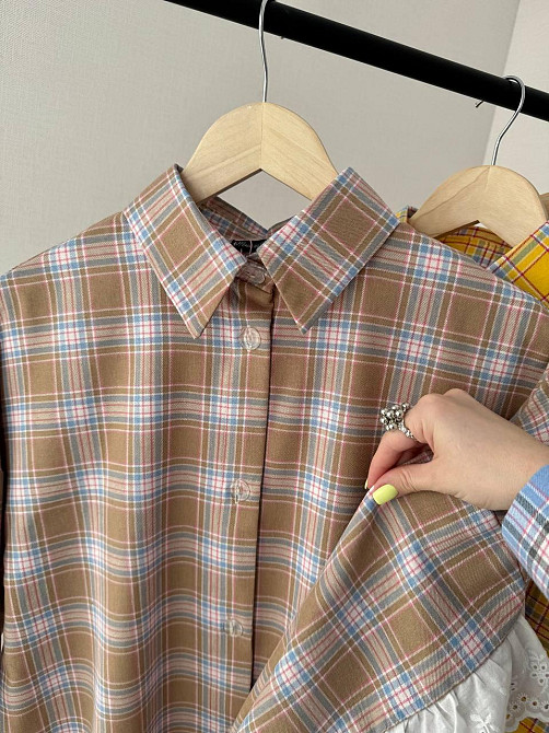 Женская стильная оверсайз рубашка в клетку с акцентными рукавами Капучино Одесса - изображение 3